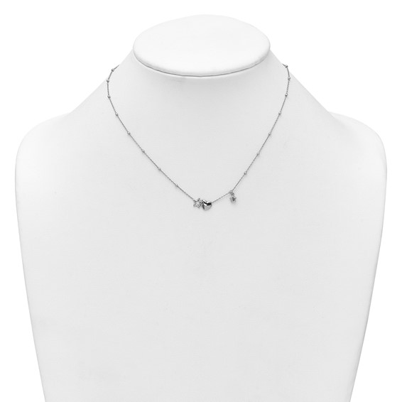 Sterling Silver Rhodium-plated Polished Heart and Stars 16 inch with 2 inch Extender Necklace