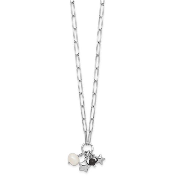 Sterling Silver Rhodium-plated Stars and White Freshwater Cultured Pearl and Black Acrylic Bead 17.75 inch with 2 inch Extender Paperclip Necklace