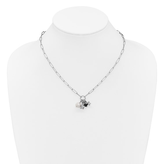 Sterling Silver Rhodium-plated Stars and White Freshwater Cultured Pearl and Black Acrylic Bead 17.75 inch with 2 inch Extender Paperclip Necklace