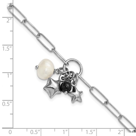 Sterling Silver Rhodium-plated Stars and White Freshwater Cultured Pearl and Black Acrylic Bead 6.75 inch with 1 inch Extender Paperclip Bracelet