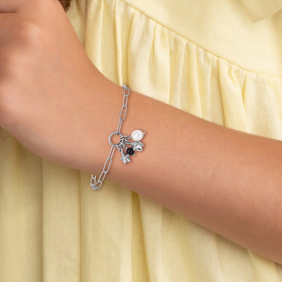 Sterling Silver Rhodium-plated Stars and White Freshwater Cultured Pearl and Black Acrylic Bead 6.75 inch with 1 inch Extender Paperclip Bracelet