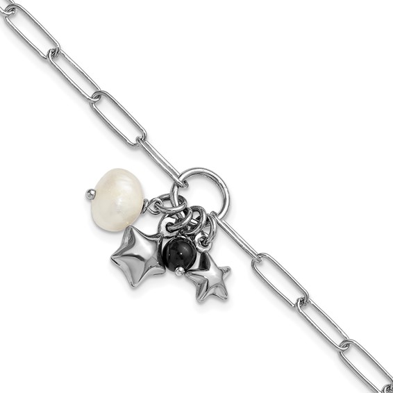 Sterling Silver Rhodium-plated Stars and White Freshwater Cultured Pearl and Black Acrylic Bead 6.75 inch with 1 inch Extender Paperclip Bracelet