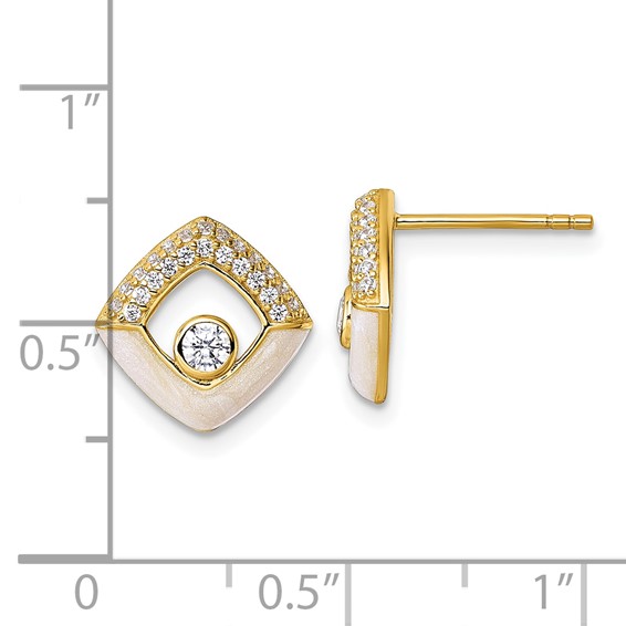 Sterling Silver Gold-tone CZ and Champagne Enamel Polished Square Post Earrings