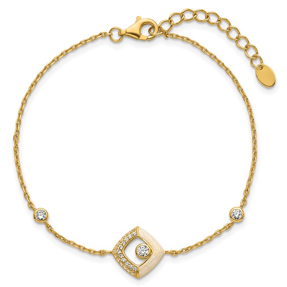 Sterling Silver Gold-tone CZ and Champagne Enamel Square 7 inch with 0.5 inch Extension Bracelet