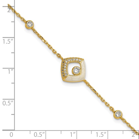 Sterling Silver Gold-tone CZ and Champagne Enamel Square 7 inch with 0.5 inch Extension Bracelet