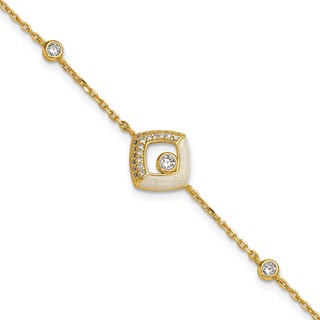 Sterling Silver Gold-tone CZ and Champagne Enamel Square 7 inch with 0.5 inch Extension Bracelet