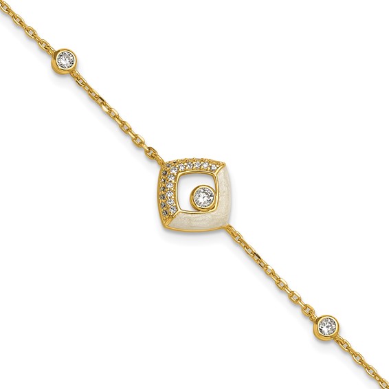 Sterling Silver Gold-tone CZ and Champagne Enamel Square 7 inch with 0.5 inch Extension Bracelet