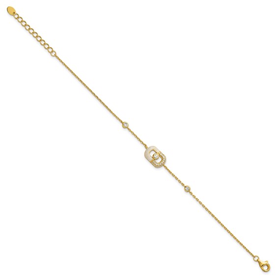 Sterling Silver Gold-tone CZ and Champagne Enamel Rectangle 7 inch with  0.5 inch Extension Bracelet