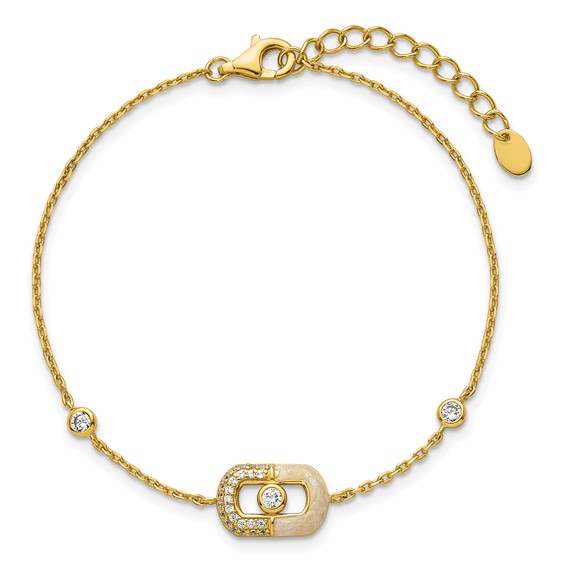 Sterling Silver Gold-tone CZ and Champagne Enamel Rectangle 7 inch with  0.5 inch Extension Bracelet