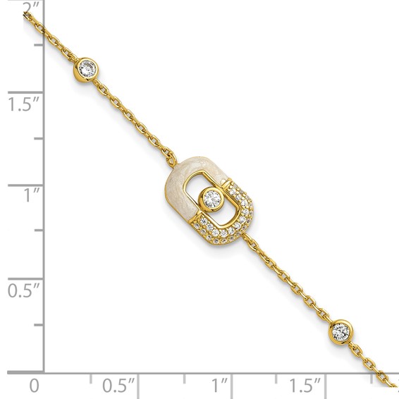 Sterling Silver Gold-tone CZ and Champagne Enamel Rectangle 7 inch with  0.5 inch Extension Bracelet