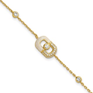 Sterling Silver Gold-tone CZ and Champagne Enamel Rectangle 7 inch with  0.5 inch Extension Bracelet
