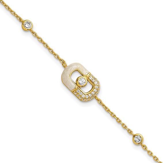 Sterling Silver Gold-tone CZ and Champagne Enamel Rectangle 7 inch with  0.5 inch Extension Bracelet
