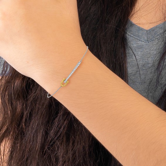 Sterling Silver Gold-tone CZ Polished 6.5 inch with 1 inch Extension Bracelet