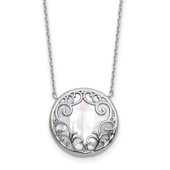 Sterling Silver Rhodium-plated Polished Filigree Mother of Pearl Filigree Circle 16 Inch with 2 Inch Extension Necklace