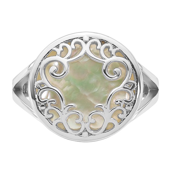 Sterling Silver Rhodium-plated Polished Filigree Mother of Pearl Filigree Circle Size 6 Ring