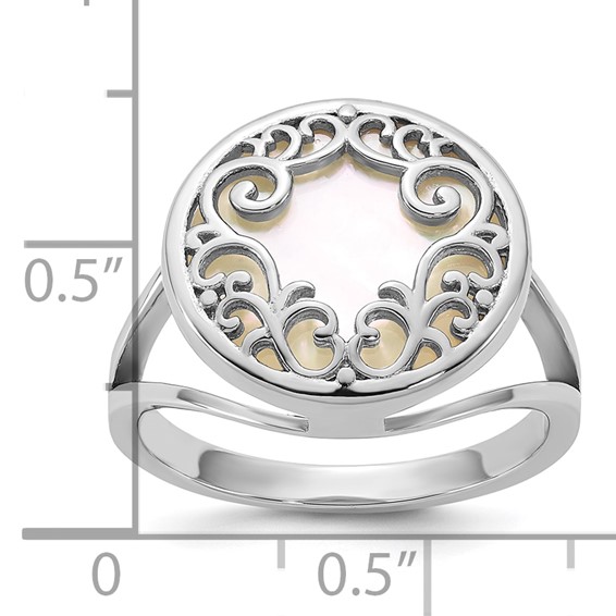 Sterling Silver Rhodium-plated Polished Filigree Mother of Pearl Filigree Circle Size 6 Ring