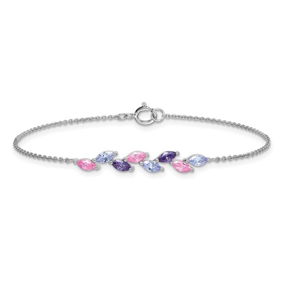 Sterling Silver Rhodium-plated Polished Fancy Pink and Purple Marquise CZ 7 Inch Bracelet