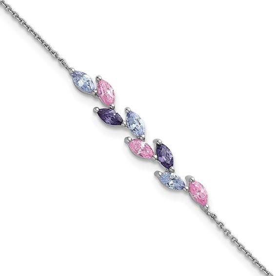 Sterling Silver Rhodium-plated Polished Fancy Pink and Purple Marquise CZ 7 Inch Bracelet