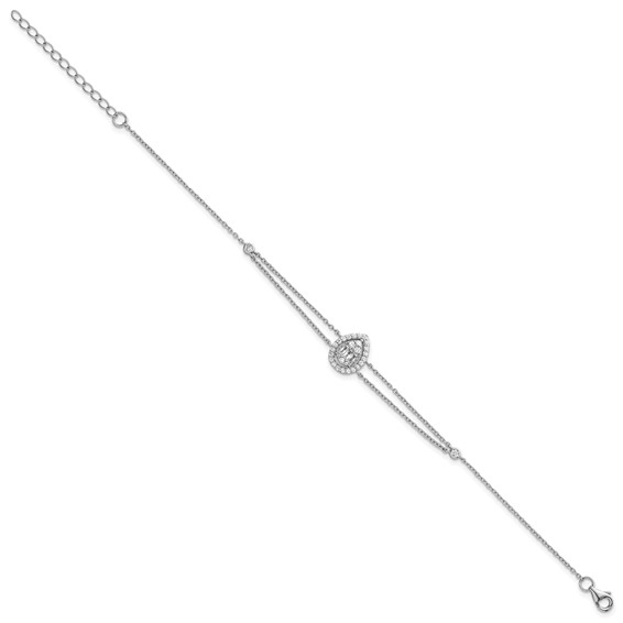 Sterling Silver Rhodium-plated Polished Fancy Two-strand CZ Teardrop Halo 7 Inch with 1 Inch Extension Bracelet