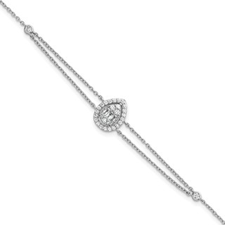 Sterling Silver Rhodium-plated Polished Fancy Two-strand CZ Teardrop Halo 7 Inch with 1 Inch Extension Bracelet