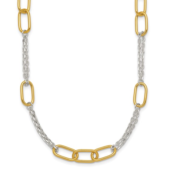 Sterling Silver and Gold-tone Polished Fancy Link and Double Chain 16 inch Necklace