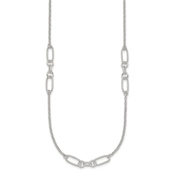 Sterling Silver Polished and Textured Fancy Link and Chain 16 inch Necklace