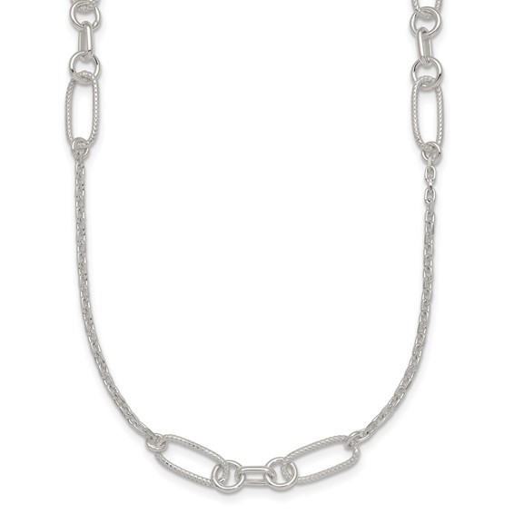 Sterling Silver Polished and Textured Fancy Link and Chain 16 inch Necklace