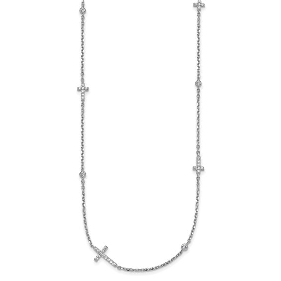Sterling Silver Rhodium-plated Polished Three CZ Crosses and 3 Round CZ Stations 15 inch with 1.5 inch Extender Necklace