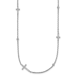 Sterling Silver Rhodium-plated Polished Three CZ Crosses and 3 Round CZ Stations 15 inch with 1.5 inch Extender Necklace