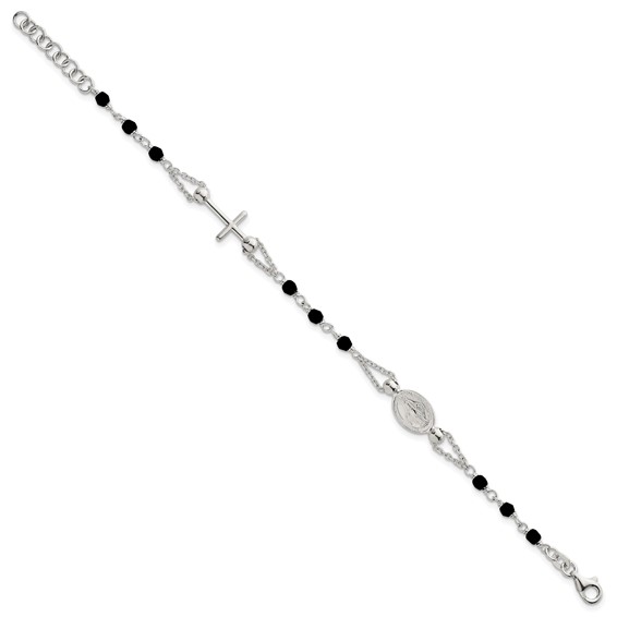 Sterling Silver Polished Beaded Black Glass 6.5 inch with 1 inch Extension Rosary-Design Bracelet