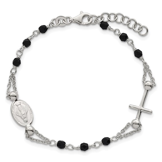 Sterling Silver Polished Beaded Black Glass 6.5 inch with 1 inch Extension Rosary-Design Bracelet