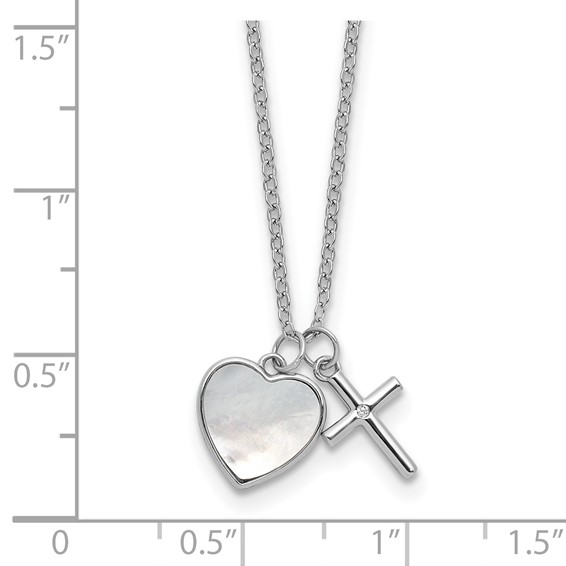 Sterling Silver Cross w/CZ and Mother of Pearl Heart Necklace