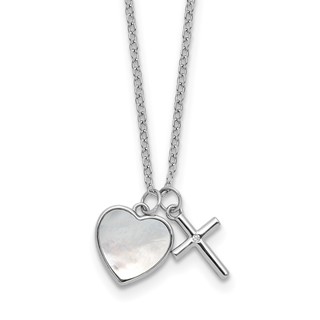 Sterling Silver Cross w/CZ and Mother of Pearl Heart Necklace