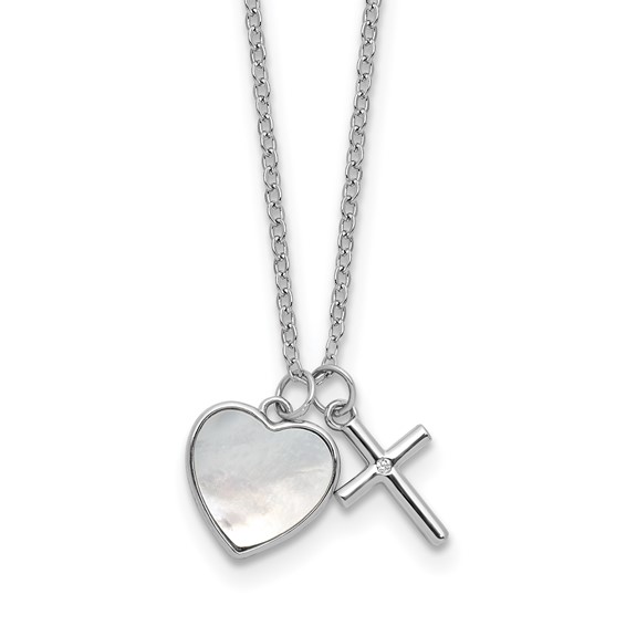 Sterling Silver Cross w/CZ and Mother of Pearl Heart Necklace
