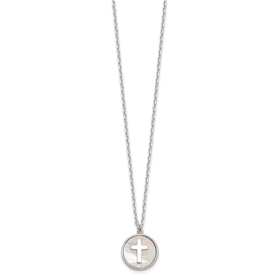 Sterling Silver Polished Mother Of Pearl Circle with Cross 16 inch Necklace