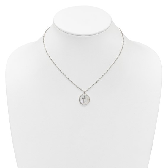 Sterling Silver Polished Mother Of Pearl Circle with Cross 16 inch Necklace