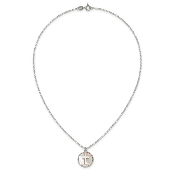 Sterling Silver Polished Mother Of Pearl Circle with Cross 16 inch Necklace