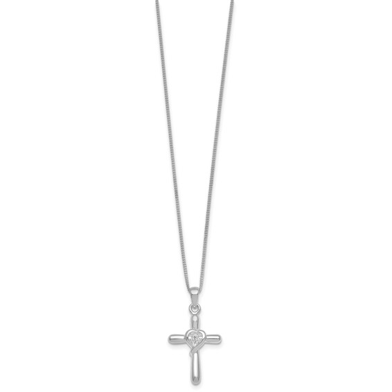 Sterling Silver Rhodium-plated Polished CZ Heart Cross 20 inch with 3 inch Extender Necklace