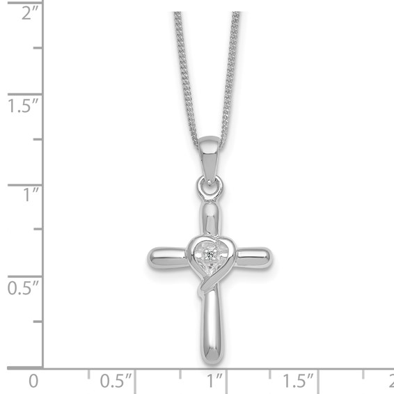 Sterling Silver Rhodium-plated Polished CZ Heart Cross 20 inch with 3 inch Extender Necklace