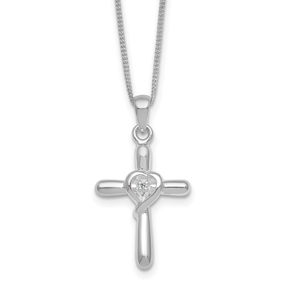 Sterling Silver Rhodium-plated Polished CZ Heart Cross 20 inch with 3 inch Extender Necklace