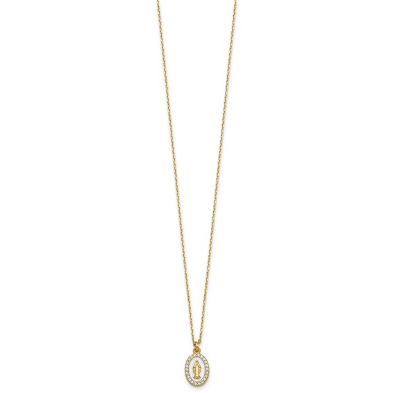 Sterling Silver Gold-plated CZ and White Enamel Miraculous Medal 15.75 inch with 2 inch extender Necklace