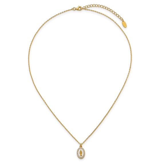 Sterling Silver Gold-plated CZ and White Enamel Miraculous Medal 15.75 inch with 2 inch extender Necklace