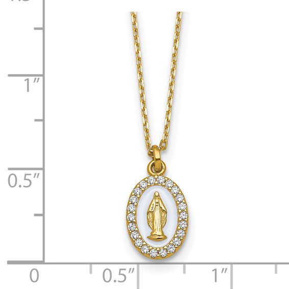 Sterling Silver Gold-plated CZ and White Enamel Miraculous Medal 15.75 inch with 2 inch extender Necklace