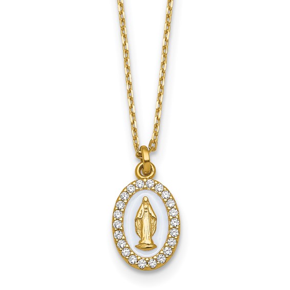 Sterling Silver Gold-plated CZ and White Enamel Miraculous Medal 15.75 inch with 2 inch extender Necklace
