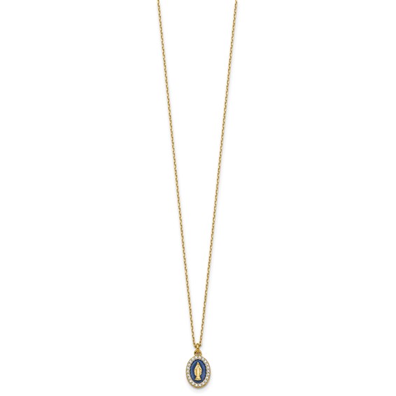 Sterling Silver Gold-plated CZ and Blue Enamel Miraculous Medal 15.75 inch with 2 inch extender Necklace