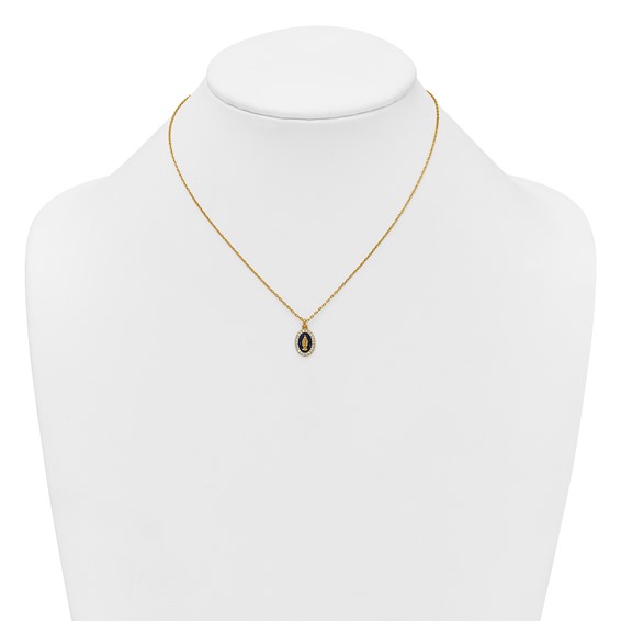 Sterling Silver Gold-plated CZ and Blue Enamel Miraculous Medal 15.75 inch with 2 inch extender Necklace