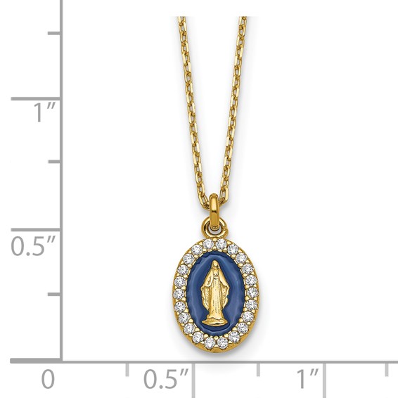 Sterling Silver Gold-plated CZ and Blue Enamel Miraculous Medal 15.75 inch with 2 inch extender Necklace