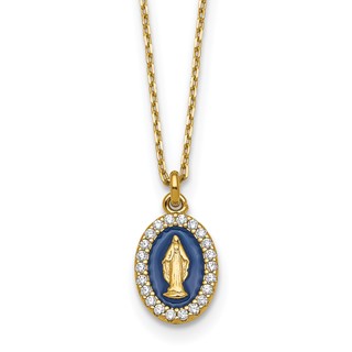 Sterling Silver Gold-plated CZ and Blue Enamel Miraculous Medal 15.75 inch with 2 inch extender Necklace