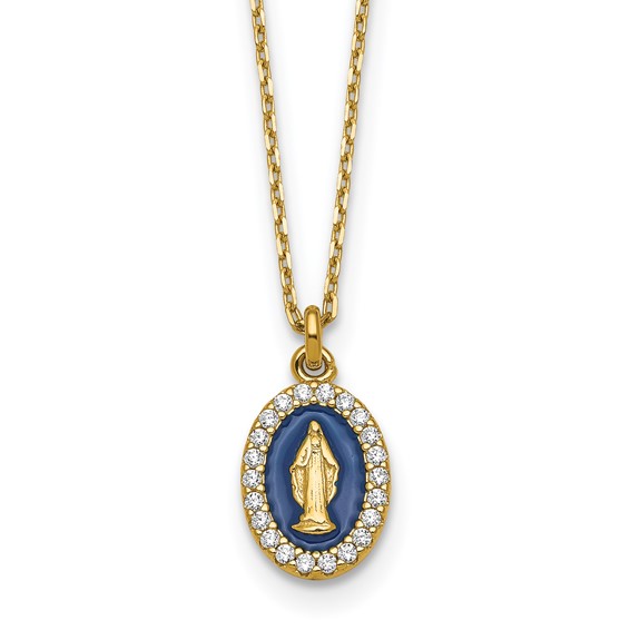 Sterling Silver Gold-plated CZ and Blue Enamel Miraculous Medal 15.75 inch with 2 inch extender Necklace