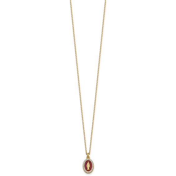 Sterling Silver Gold-plated CZ and Red Enamel Miraculous Medal 15.75 inch with 2 inch extender Necklace
